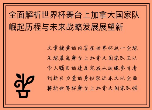 全面解析世界杯舞台上加拿大国家队崛起历程与未来战略发展展望新 全面解析世界杯舞台上加拿大国家队崛起历程与未来战略发展展望新
